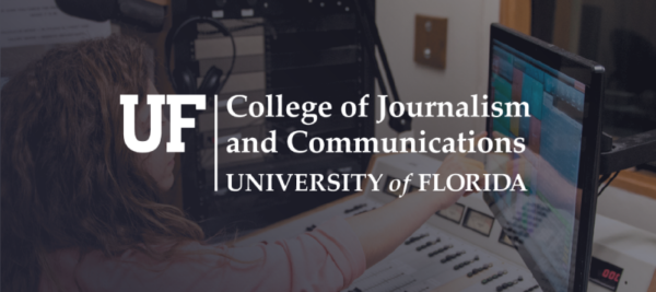 University of Florida College of Journalism and Communications logo overlaid on image of female working in radio studio