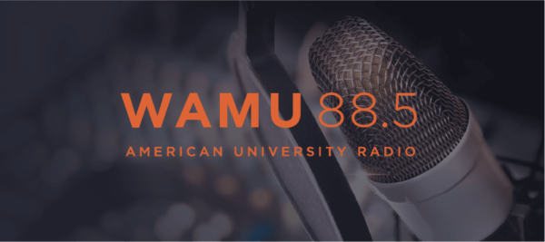 WAMU 88.5 logo overlaid on image of radio station microphone