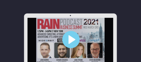 laptop screen with preview of the RAIN Podcast Business Summit webinar title screen