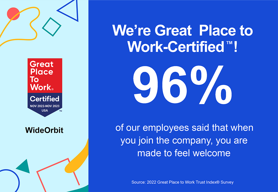 Badge provided from Great Place To Work that says "We're Great Place to Work Certified! 96% of our employees said that when you join the company you are made to feel welcome."